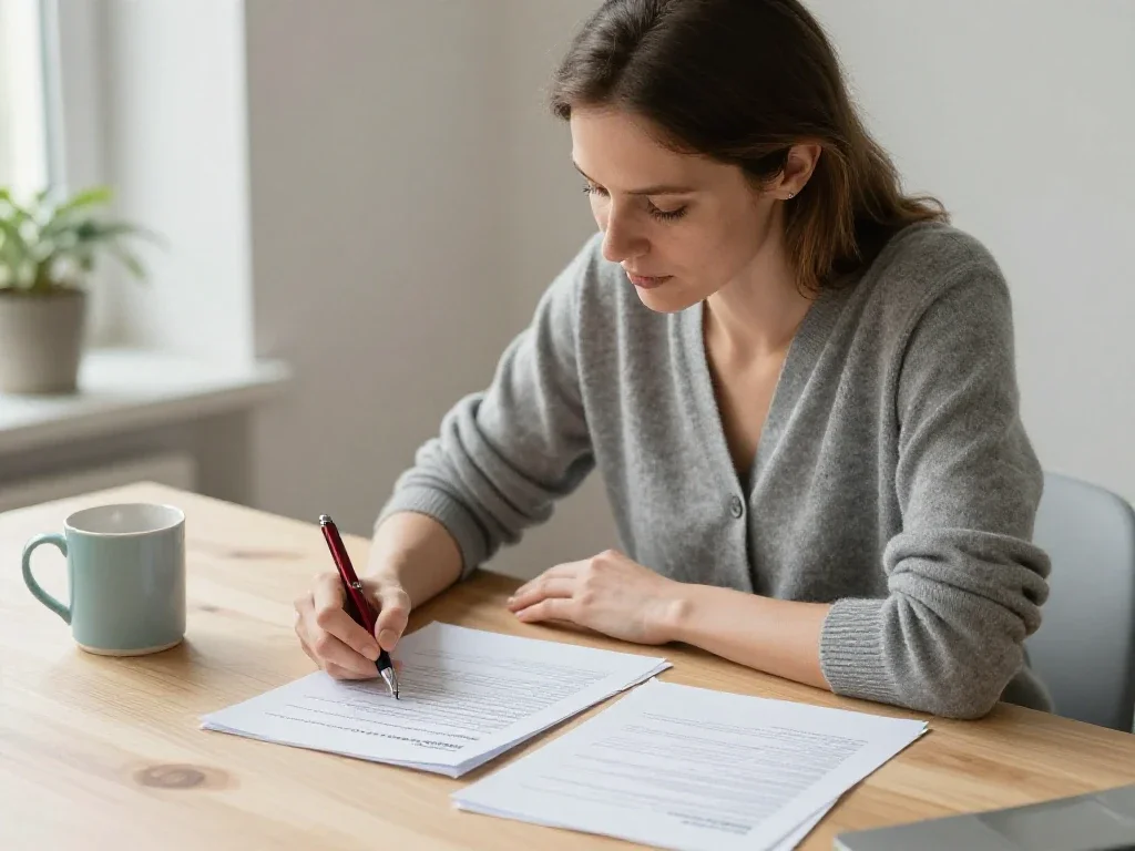 Une entrepreneuse française examine attentivement son plan d'affaires pour concrétiser son projet.