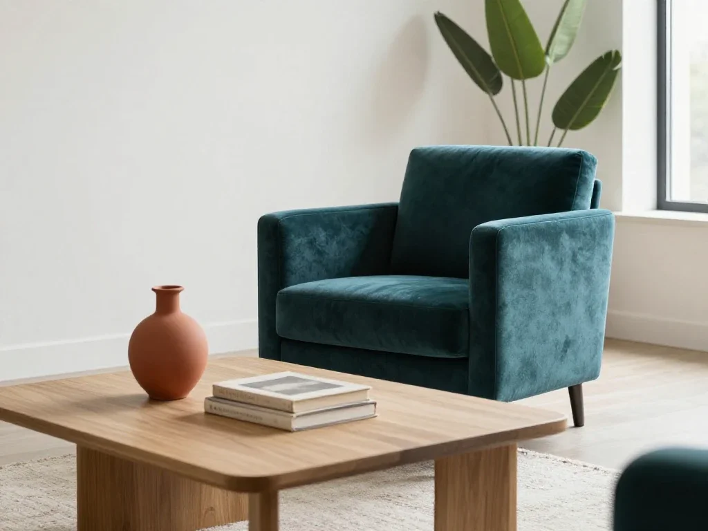 Un salon moderne et lumineux avec un fauteuil sarcelle illustrant le confort de la maison.